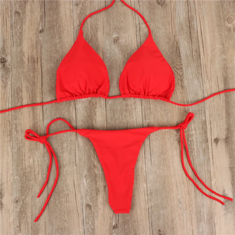 2pcs Halterneck Lace-up Bikini Women Summer Solid Color Sexy Split Strap Adjustable Swimsuit Suit