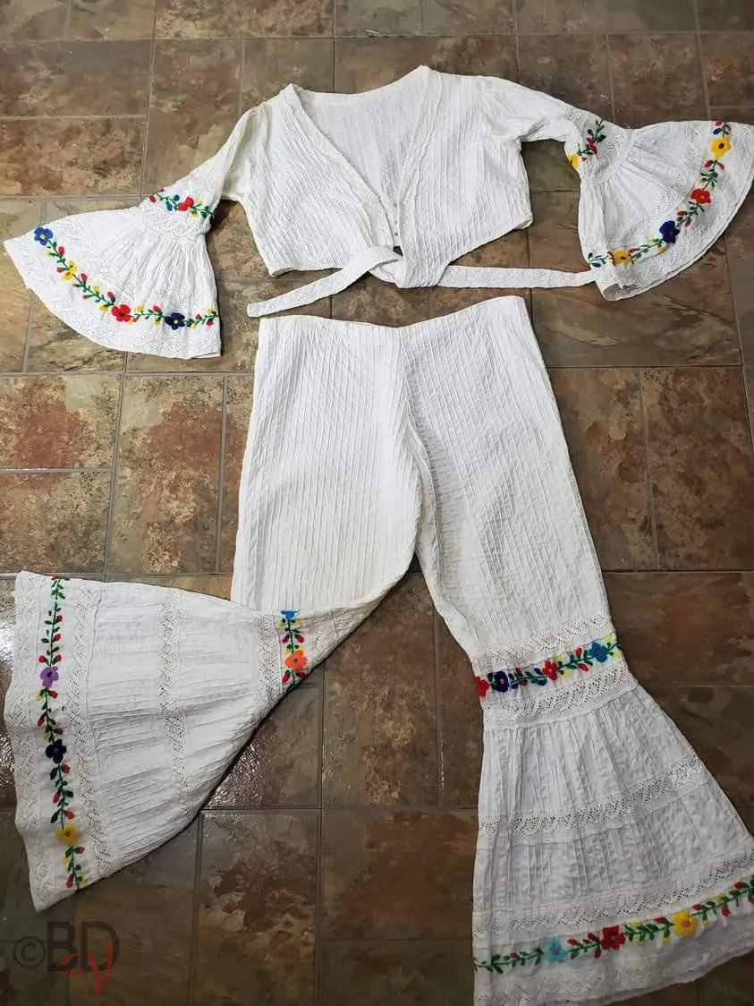 60s/70s Mexican Embroidered Crop Top and Bell-Bottom Pants Set - sm, med