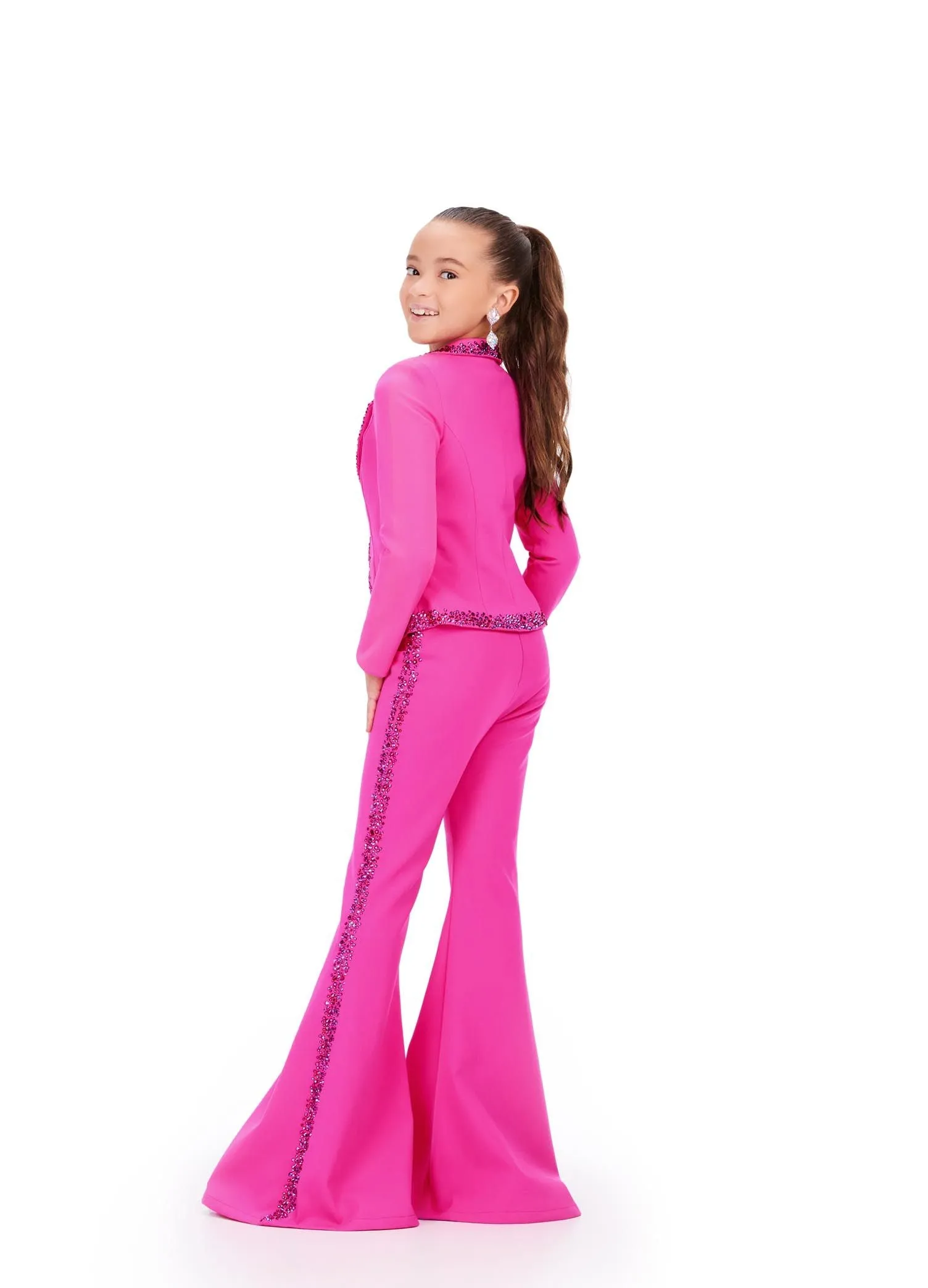 Ashley Lauren Kids 8209 Size 8 Fuchsia Two Piece Jumpsuit Suit Bell Bottom Pageant Crystal Pant Jacket