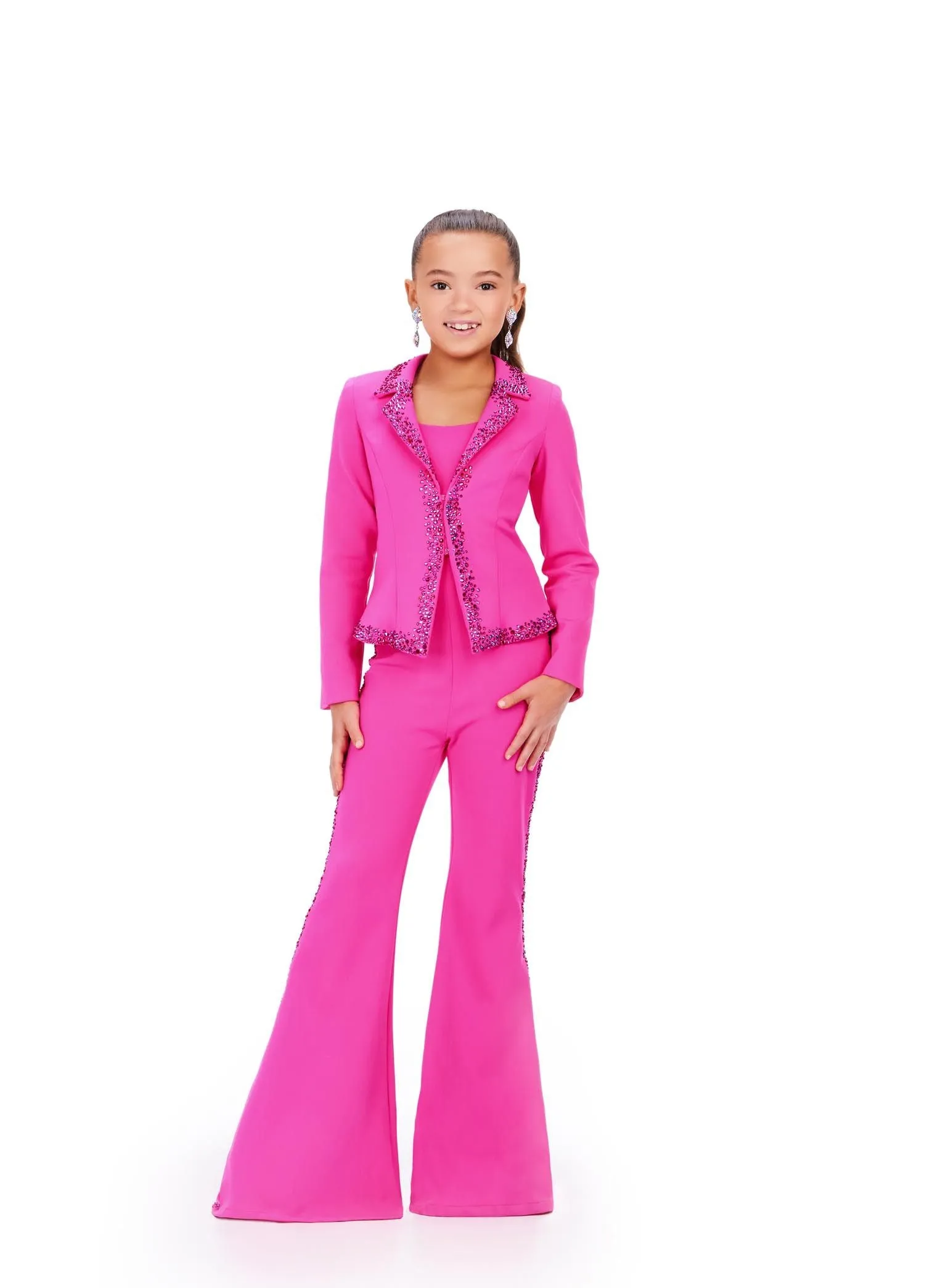 Ashley Lauren Kids 8209 Size 8 Fuchsia Two Piece Jumpsuit Suit Bell Bottom Pageant Crystal Pant Jacket