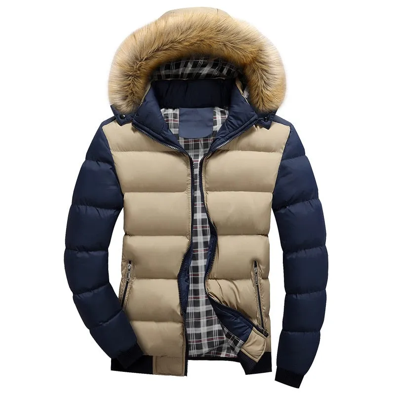 Ashore Shop Winter Mens Jacket with Faux Fur Collar Casual Patchwork Cotton Padded Hooded Parkas Coat men jackets brand clothing M-4XL