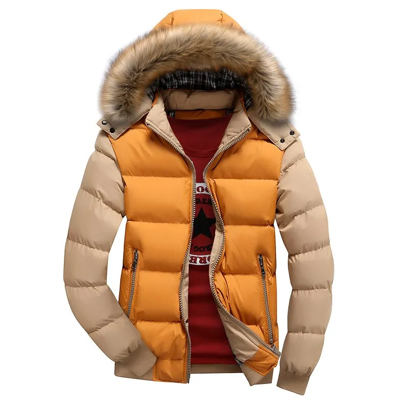 Ashore Shop Winter Mens Jacket with Faux Fur Collar Casual Patchwork Cotton Padded Hooded Parkas Coat men jackets brand clothing M-4XL