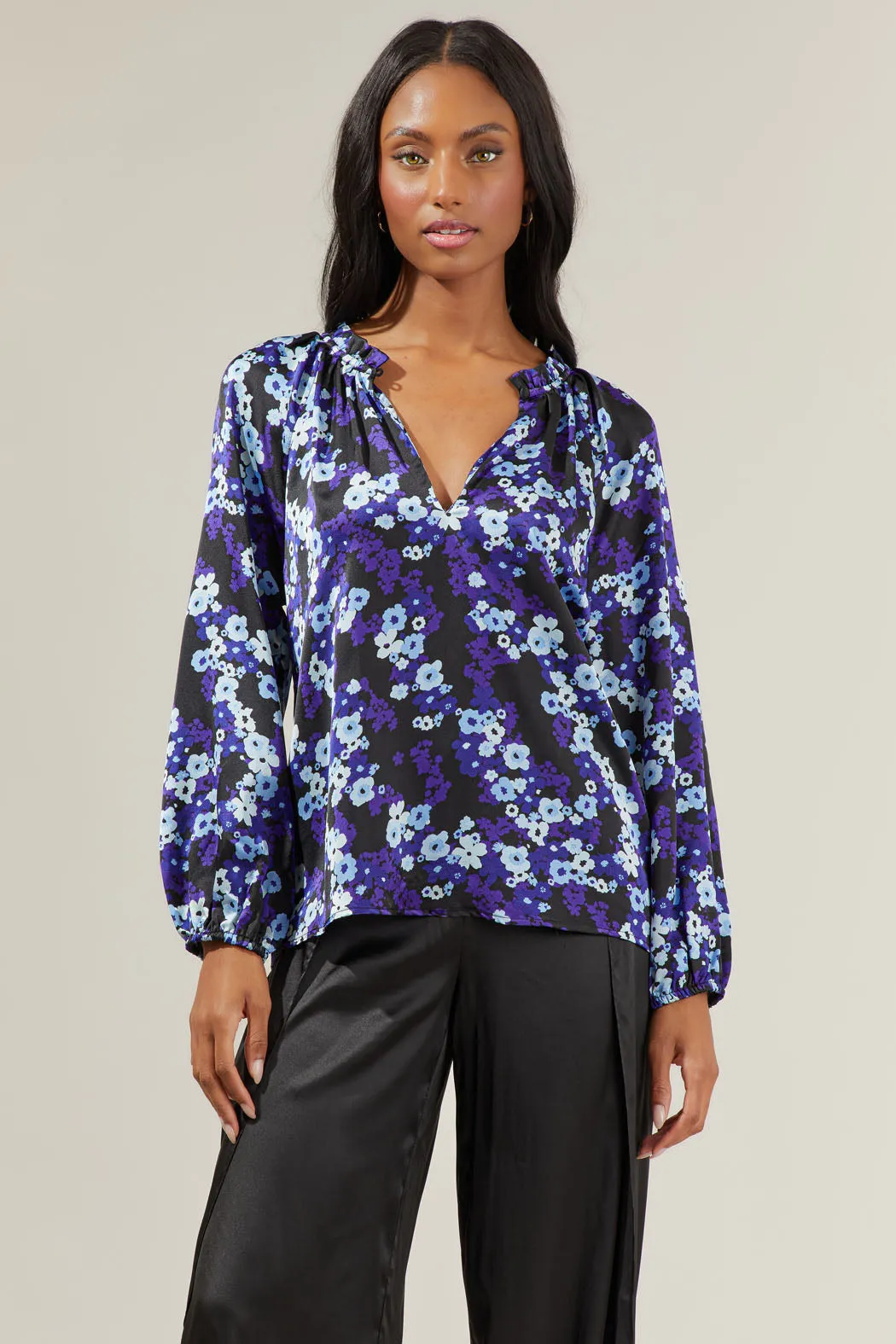 Aster Bloom Jovie Split Neck Satin Raglan Blouse