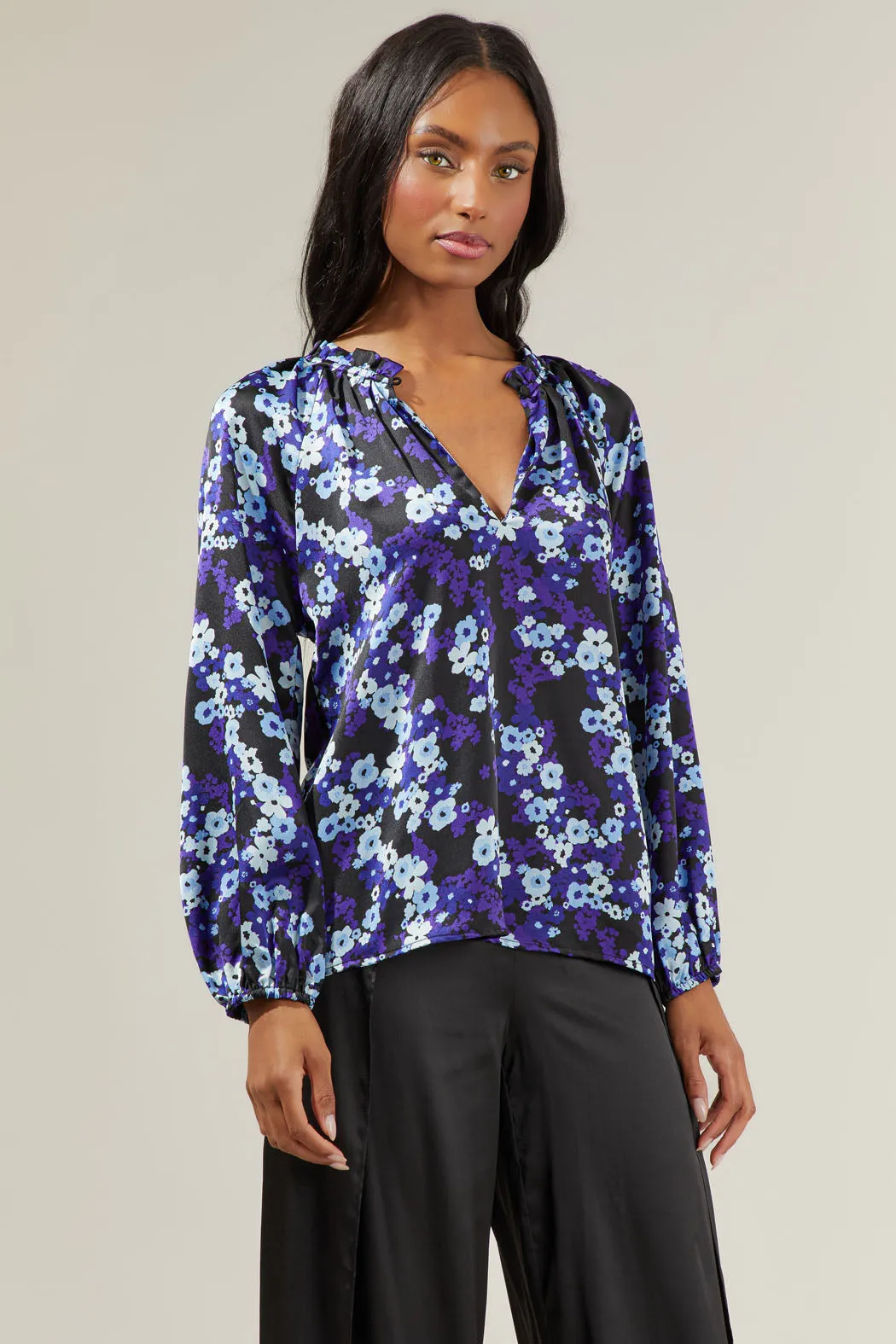 Aster Bloom Jovie Split Neck Satin Raglan Blouse