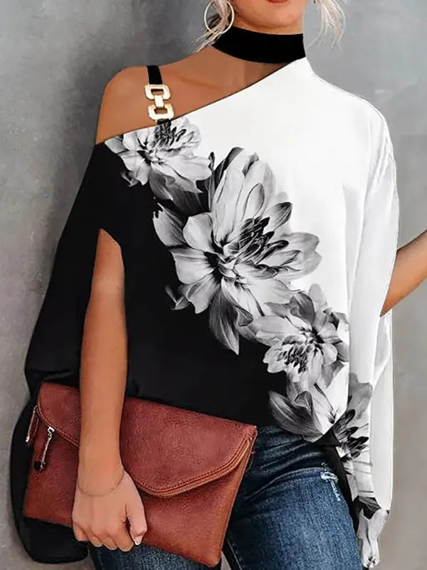 Asymmetric Chains Flower Print Batwing Sleeves Loose Asymmetric Collar Blouses&shirts Tops