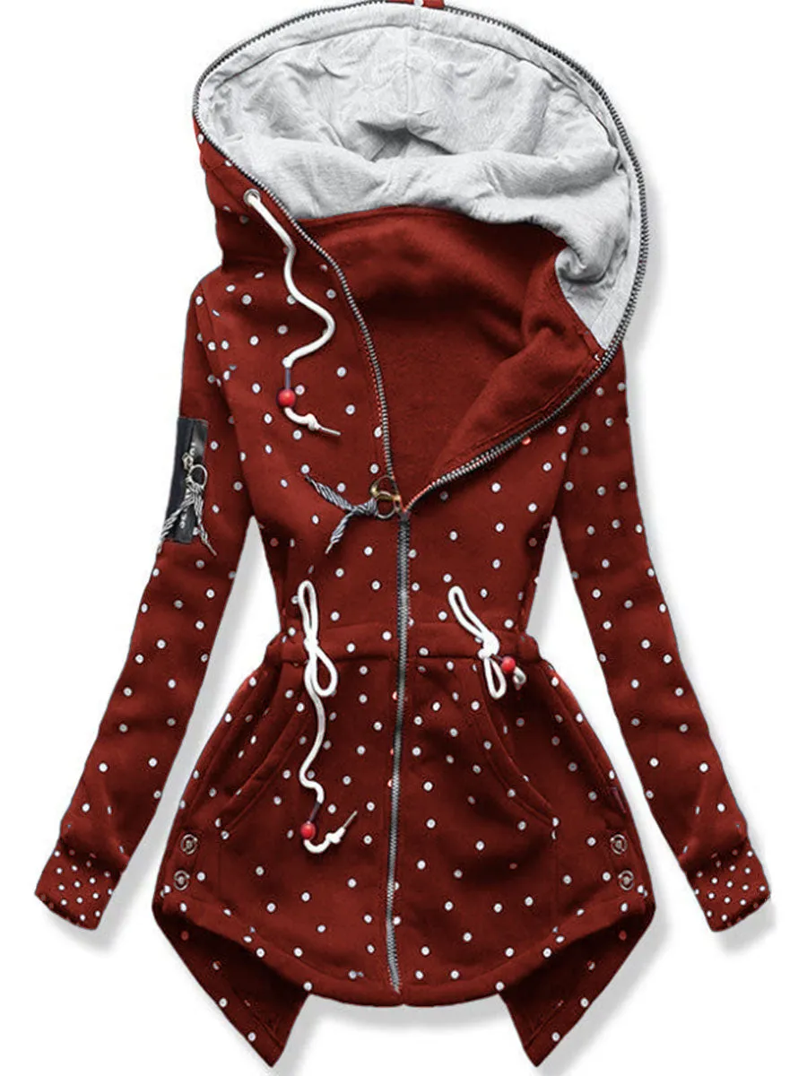 Autumn And Winter Ladies Hooded Polka Dot Drawstring Jacket