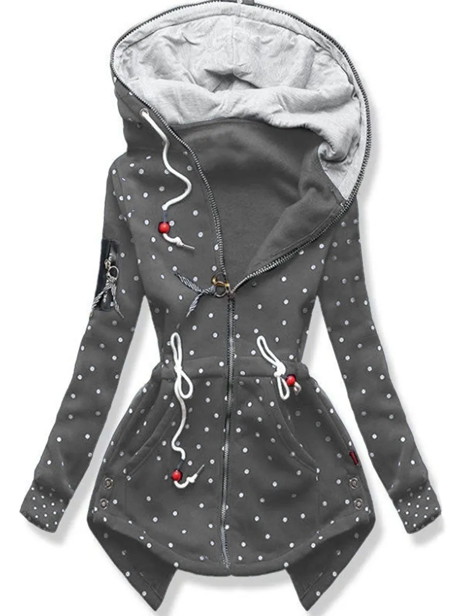 Autumn And Winter Ladies Hooded Polka Dot Drawstring Jacket