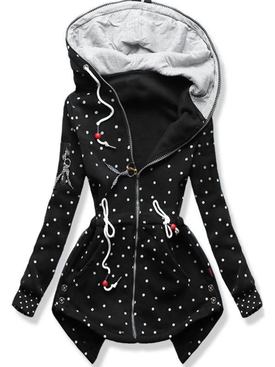 Autumn And Winter Ladies Hooded Polka Dot Drawstring Jacket