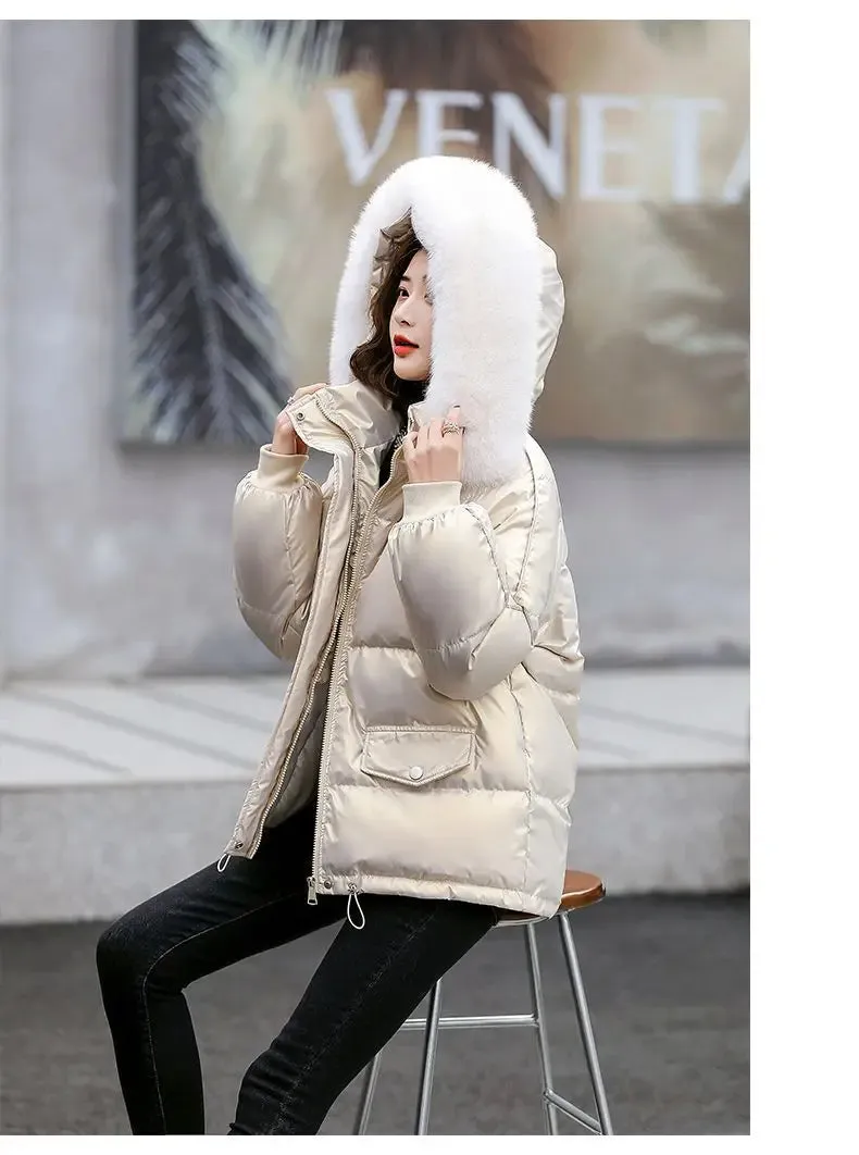 Autumn Winter Casual Women's Parkas 2024 New Korean Version Fur Collar Loose Hooded Jacket Regular Zipper Women Clothing Black