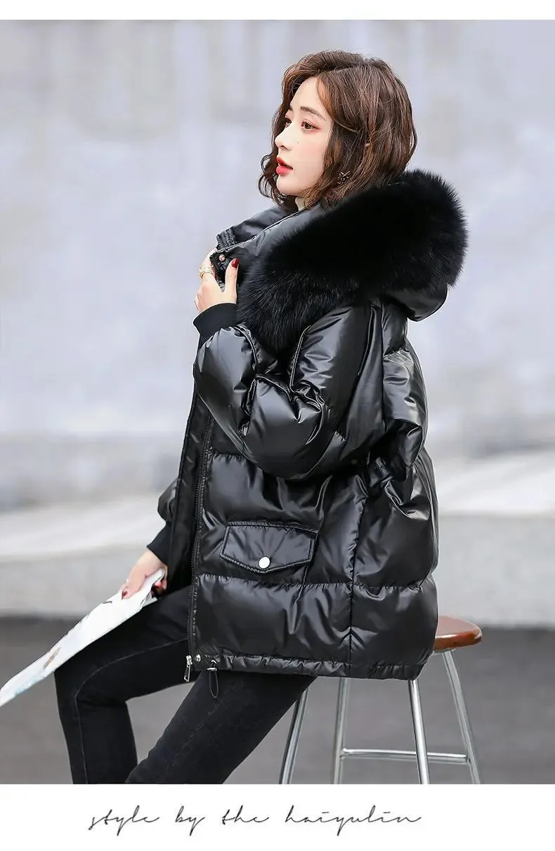 Autumn Winter Casual Women's Parkas 2024 New Korean Version Fur Collar Loose Hooded Jacket Regular Zipper Women Clothing Black