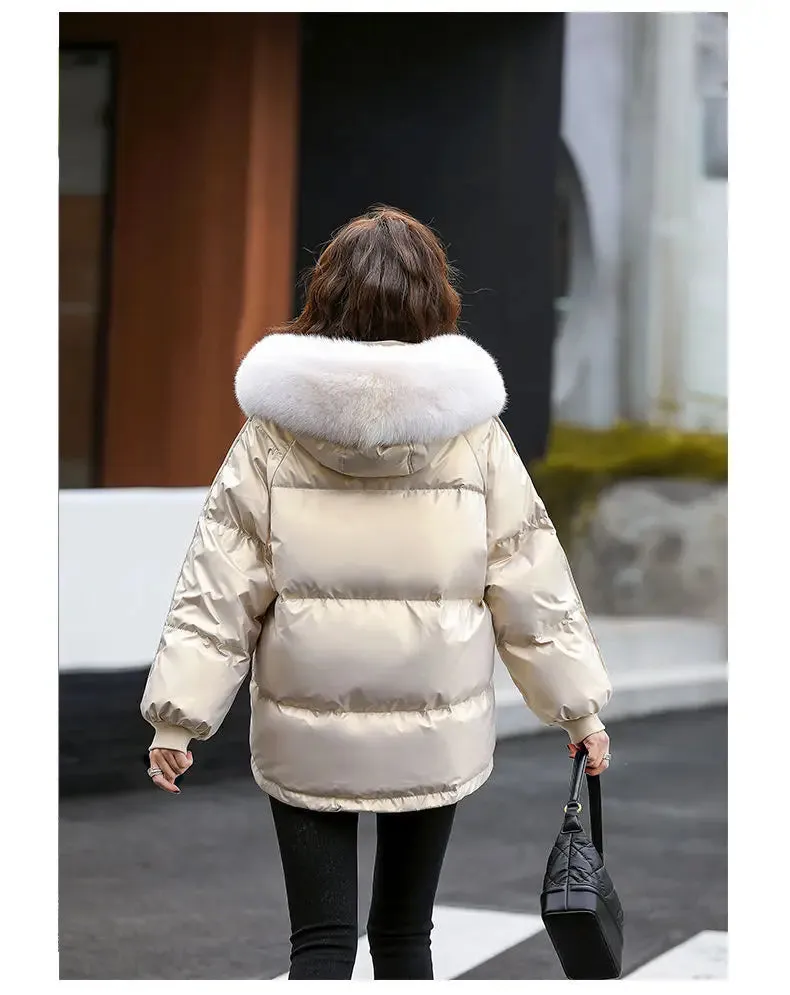 Autumn Winter Casual Women's Parkas 2024 New Korean Version Fur Collar Loose Hooded Jacket Regular Zipper Women Clothing Black