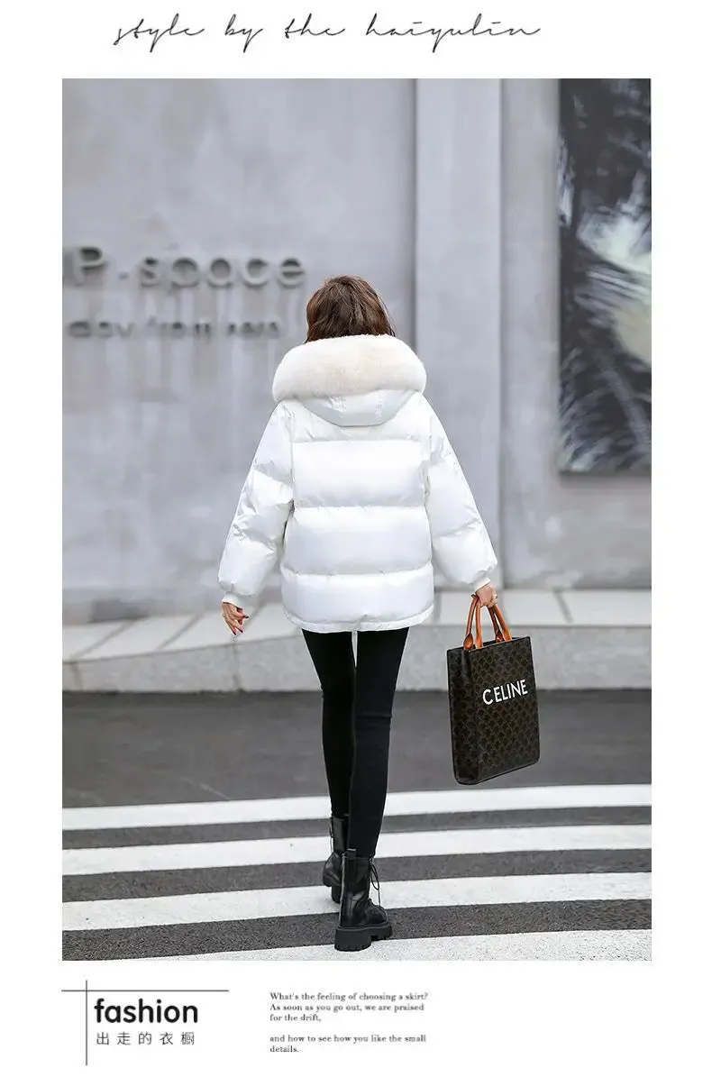 Autumn Winter Casual Women's Parkas 2024 New Korean Version Fur Collar Loose Hooded Jacket Regular Zipper Women Clothing Black