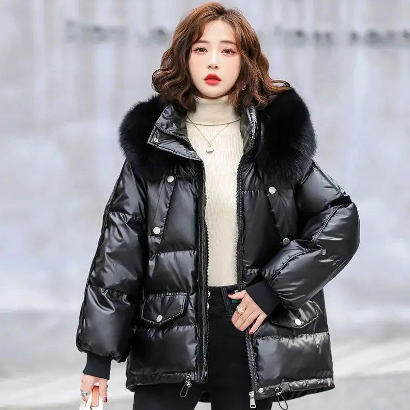 Autumn Winter Casual Women's Parkas 2024 New Korean Version Fur Collar Loose Hooded Jacket Regular Zipper Women Clothing Black