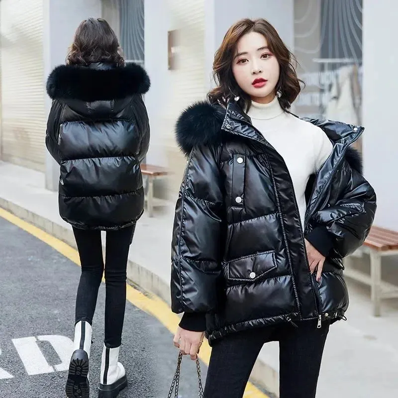 Autumn Winter Casual Women's Parkas 2024 New Korean Version Fur Collar Loose Hooded Jacket Regular Zipper Women Clothing Black