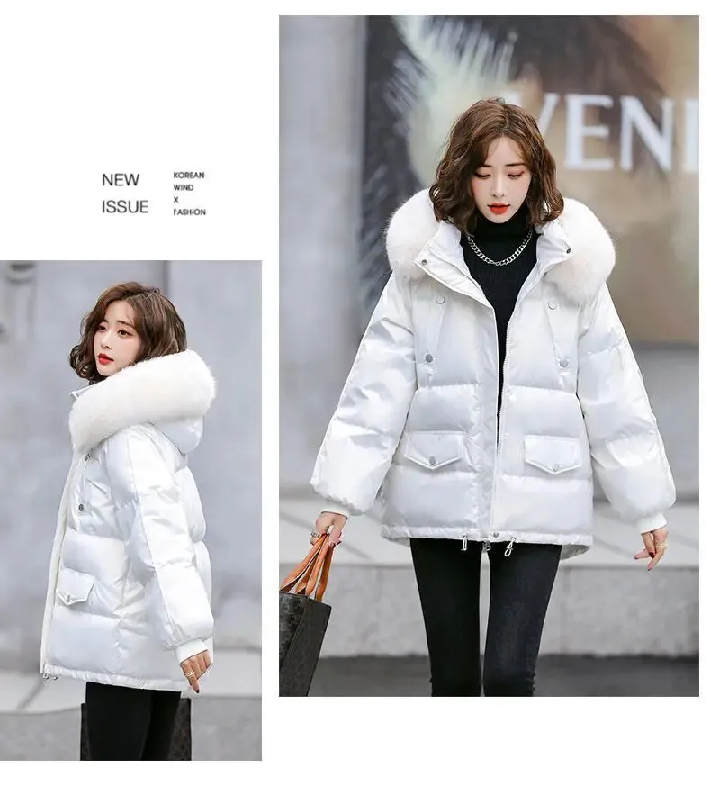 Autumn Winter Casual Women's Parkas 2024 New Korean Version Fur Collar Loose Hooded Jacket Regular Zipper Women Clothing Black