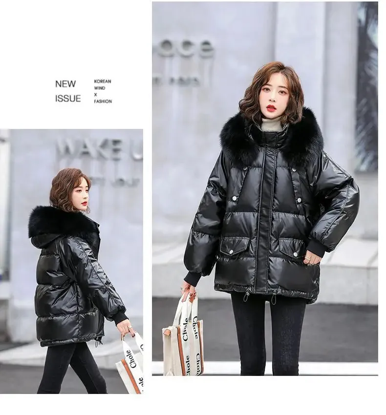 Autumn Winter Casual Women's Parkas 2024 New Korean Version Fur Collar Loose Hooded Jacket Regular Zipper Women Clothing Black