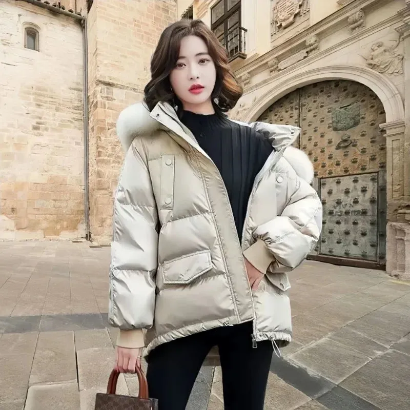 Autumn Winter Casual Women's Parkas 2024 New Korean Version Fur Collar Loose Hooded Jacket Regular Zipper Women Clothing Black