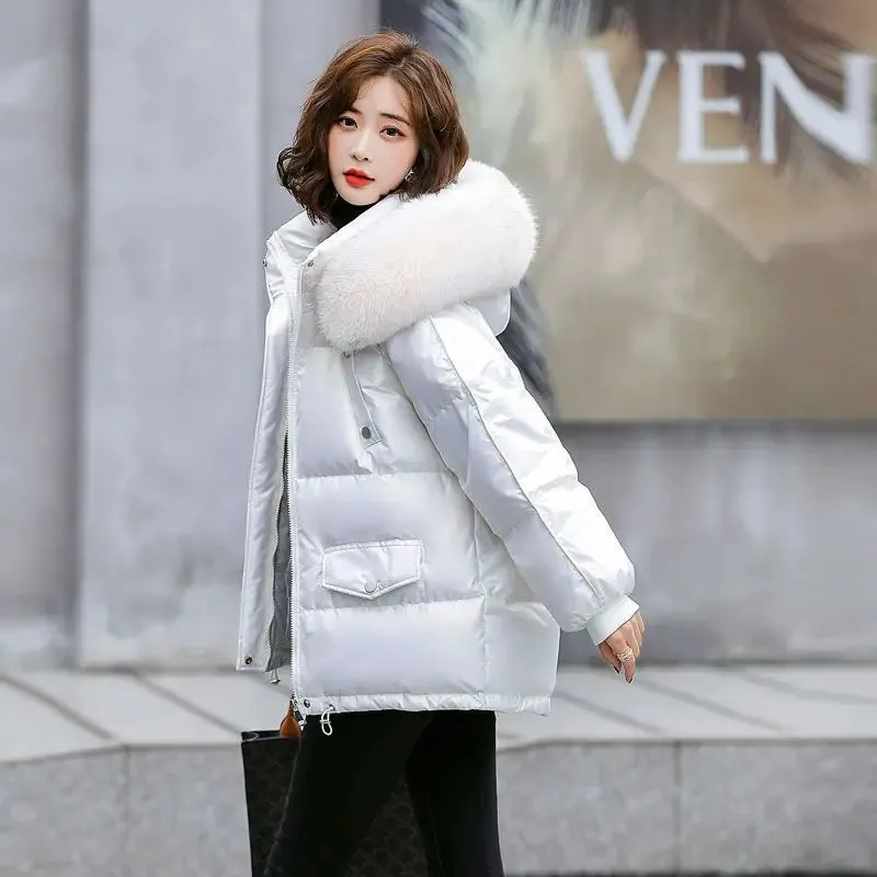 Autumn Winter Casual Women's Parkas 2024 New Korean Version Fur Collar Loose Hooded Jacket Regular Zipper Women Clothing Black