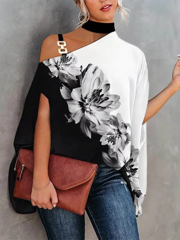 Batwing Sleeves Loose Asymmetric Chains Flower Print Asymmetric Collar Blouses&shirts Tops