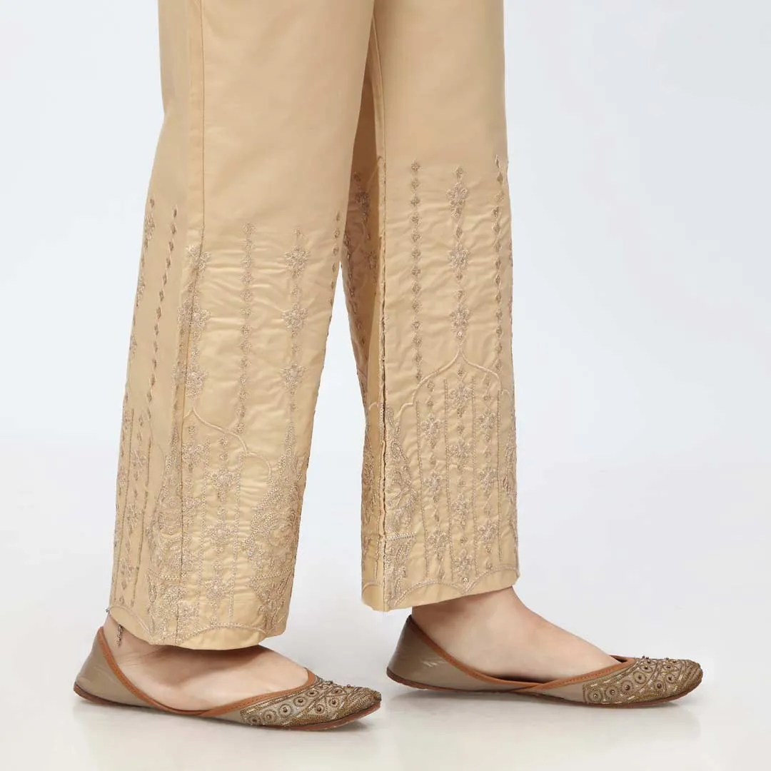 Beige Embroidered Bell Bottom Cambric Trouser PW3662