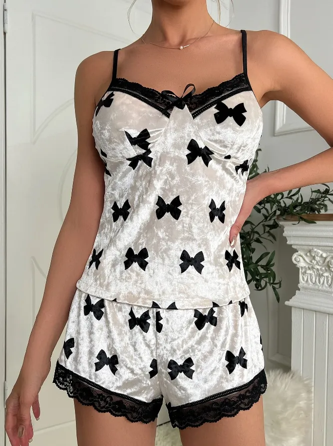 Black & White Bow Velvet Pyjama Short Set