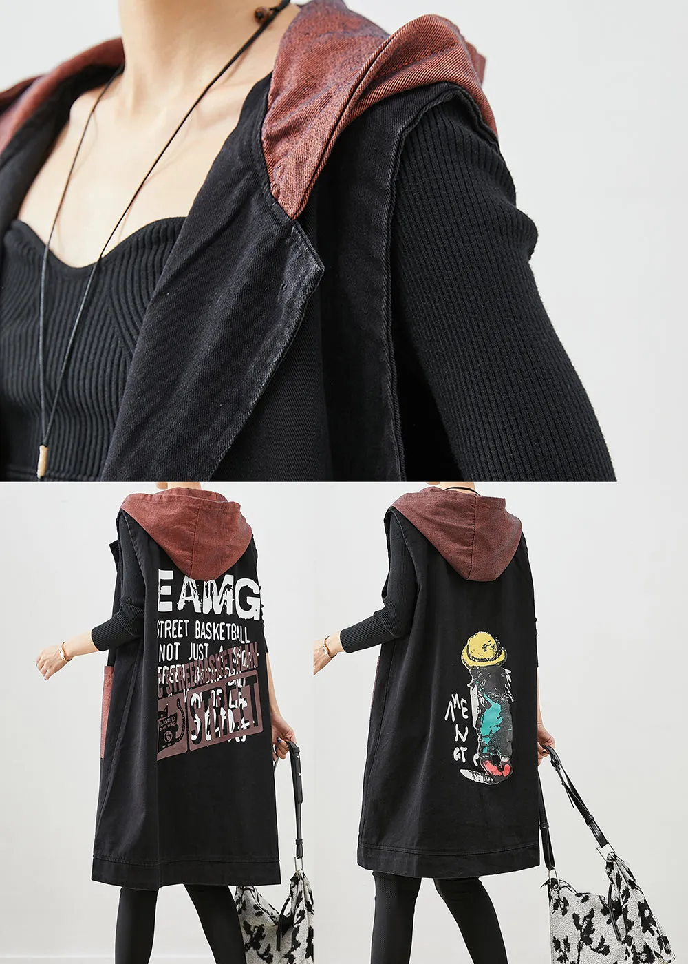 Black Letter Print Denim Long Vests Hooded Pockets Fall ML1874