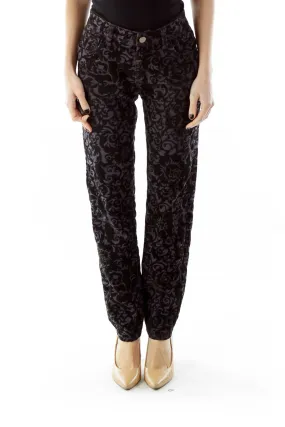 Black Purple Velvet Floral Skinny Pants