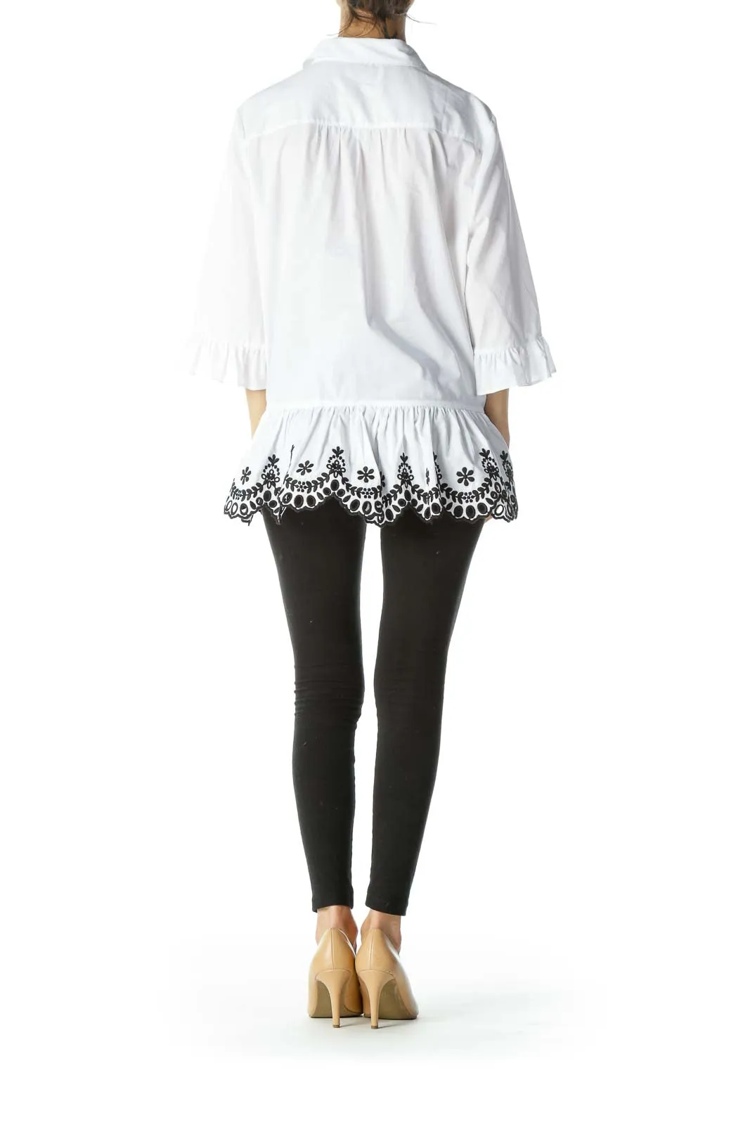 Black/White Buttoned 3/4-Sleeves Embroidered Flared Shirt