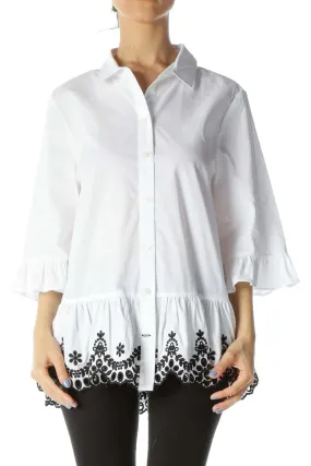 Black/White Buttoned 3/4-Sleeves Embroidered Flared Shirt