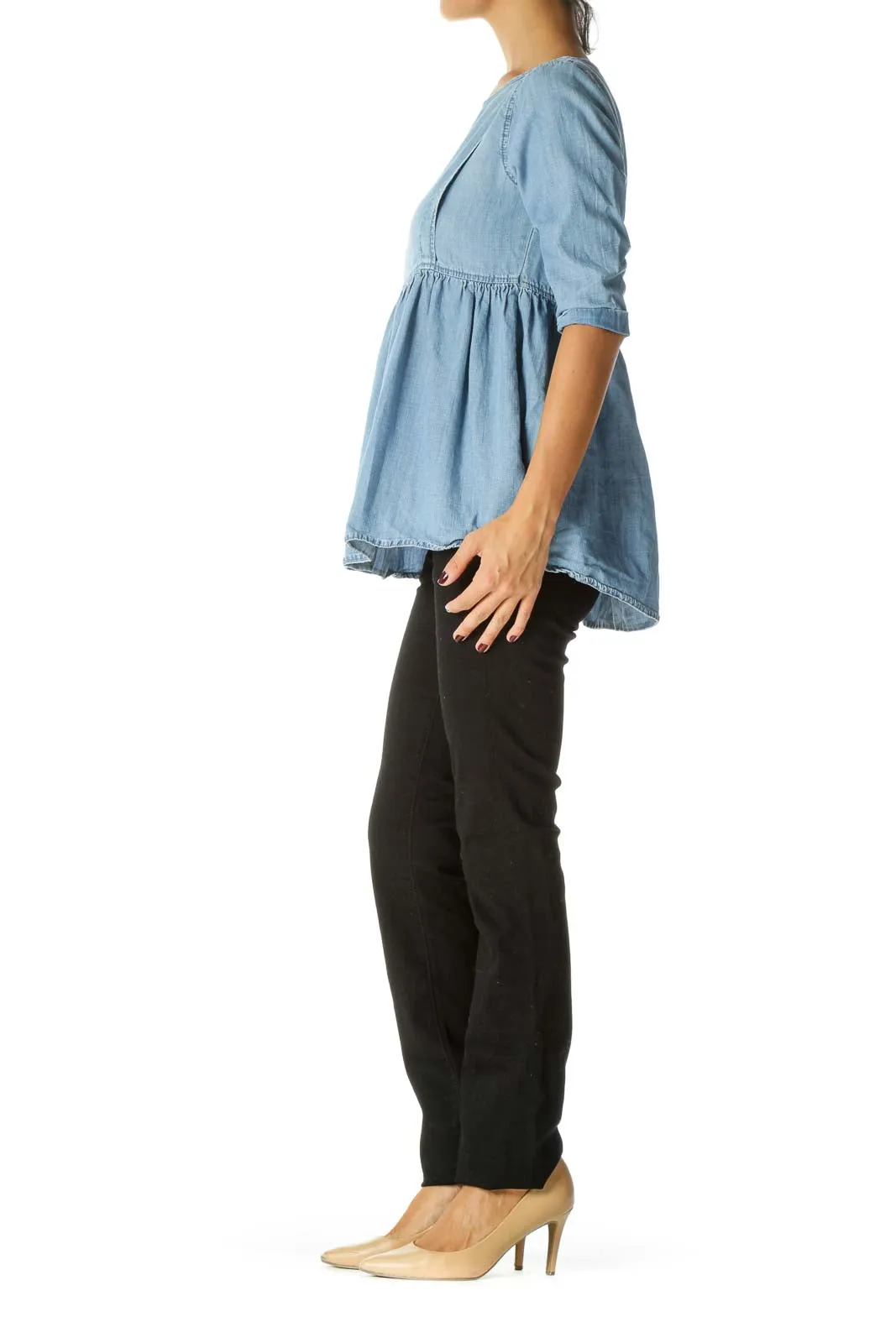 Blue Light Wash Round Neck 3/4 Sleeve Flared Top