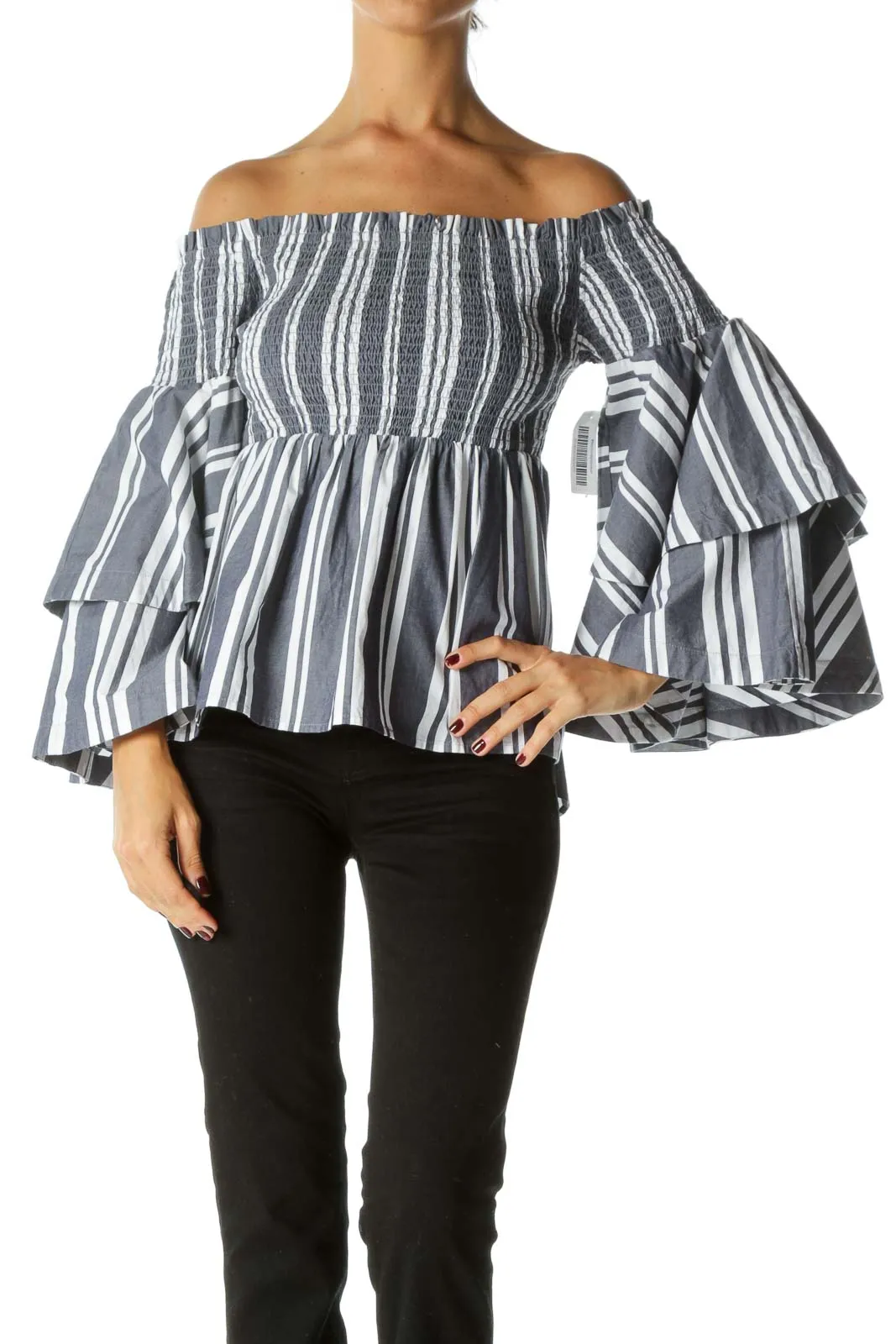 Blue White Striped 100% Cotton Shirring Cold Shoulder Flared Sleeves Top