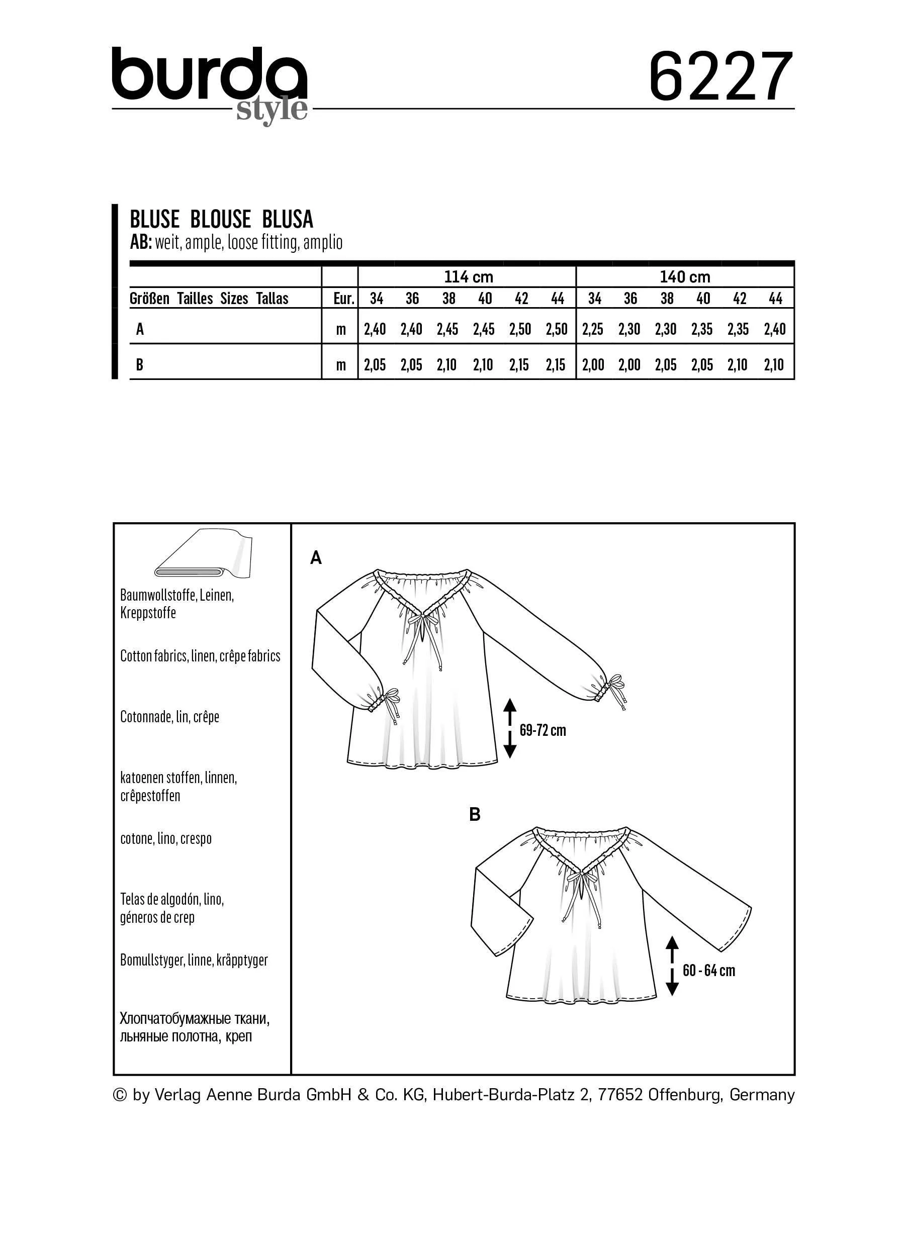 Burda Pattern 6227  Blouse – Carmen Blouse – 
Drawstring Neckline