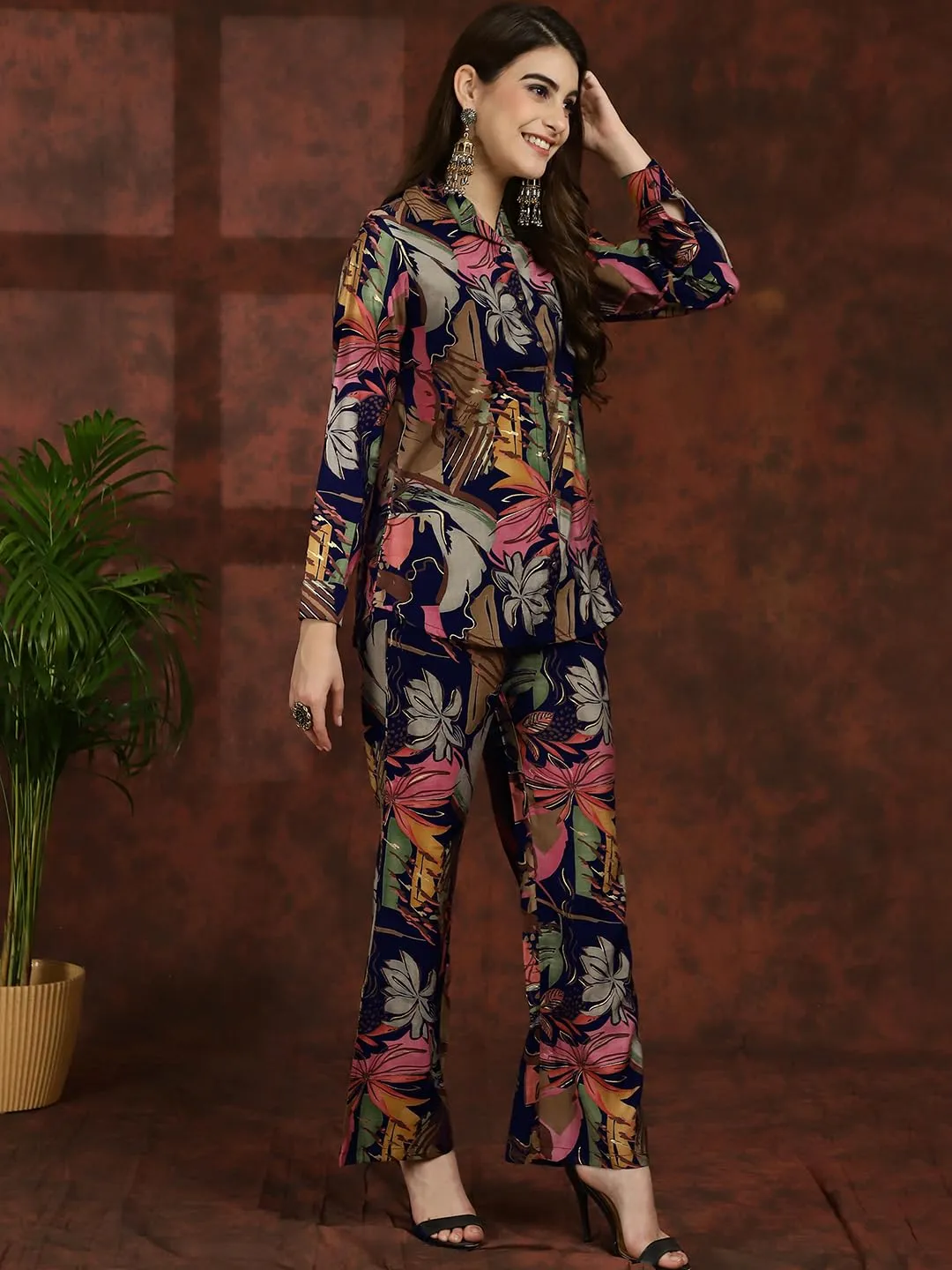 Claura Navy Blue Floral Printed Shirt Collar Tunic with Trousers Co-OrdsCo-ords/Cord Set for Women (Medium, Navy)