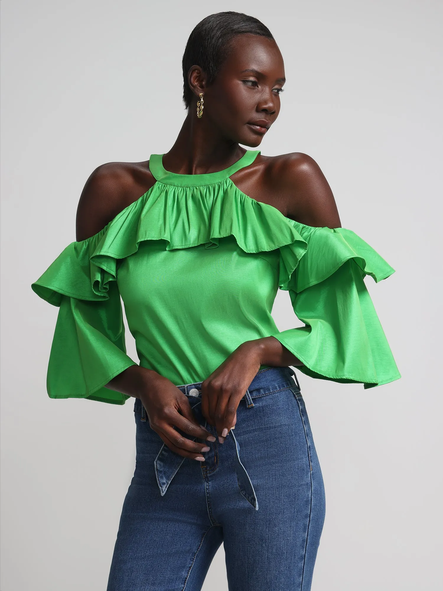 Cold Shoulder Halter Neck Ruffle Taffeta Blouse