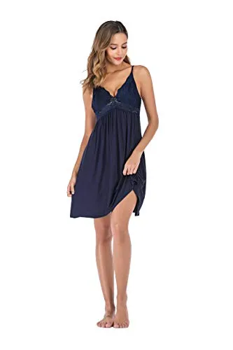 Comfort Cotton Nightwear Strappy Nightdress Lingerie V Neck Sleepwear,Blue,XXL