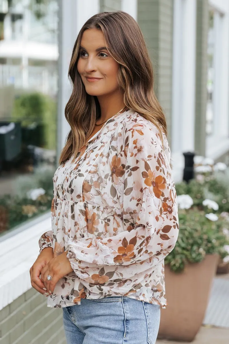 Cream Fall Floral Print Blouse - FINAL SALE