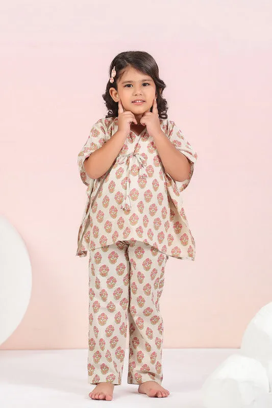 Cream Floral Cotton Kaftan Pyjama Set