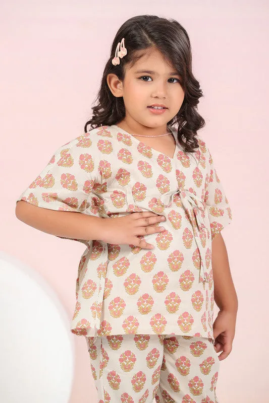 Cream Floral Cotton Kaftan Pyjama Set