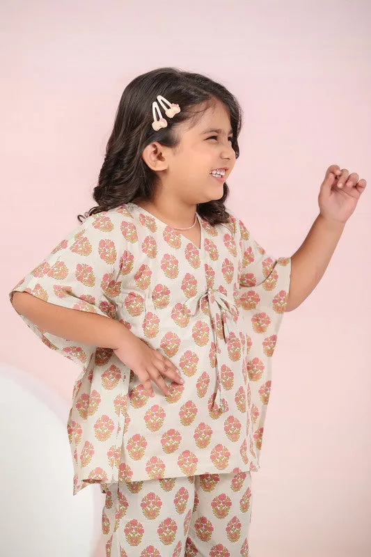 Cream Floral Cotton Kaftan Pyjama Set