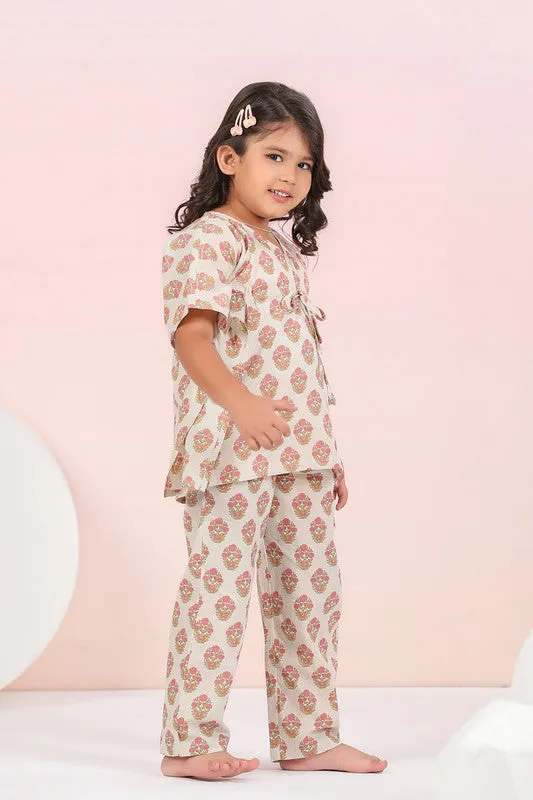 Cream Floral Cotton Kaftan Pyjama Set