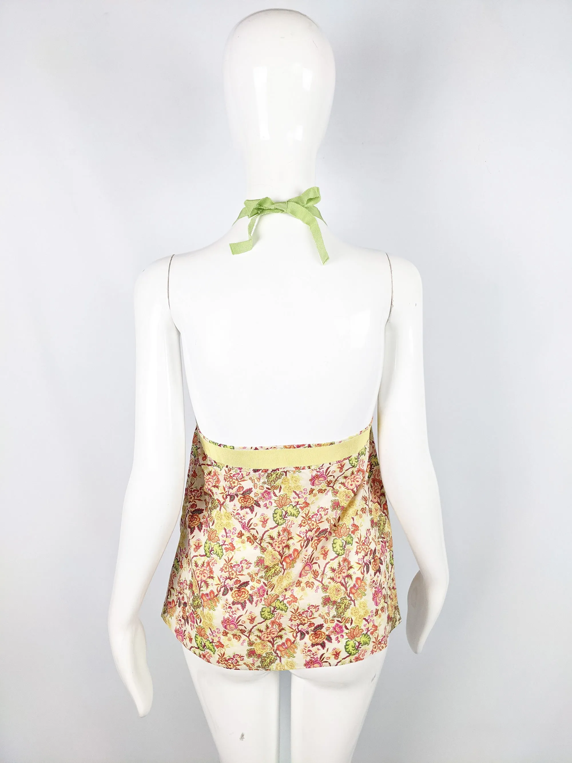 Cute Vintage Floral Print Strappy Halter Top, 2000s