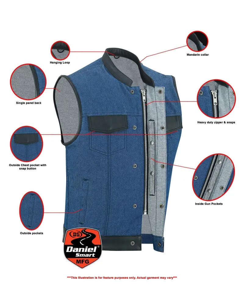 DM961 Men's Broken Blue RoughRub-Off Raw Finish Denim Vest W/Leather