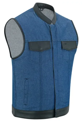 DM961 Men's Broken Blue RoughRub-Off Raw Finish Denim Vest W/Leather