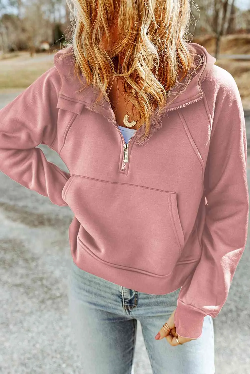 Double Take Half-Zip Thumbhole Sleeve Hoodie - 2 colors