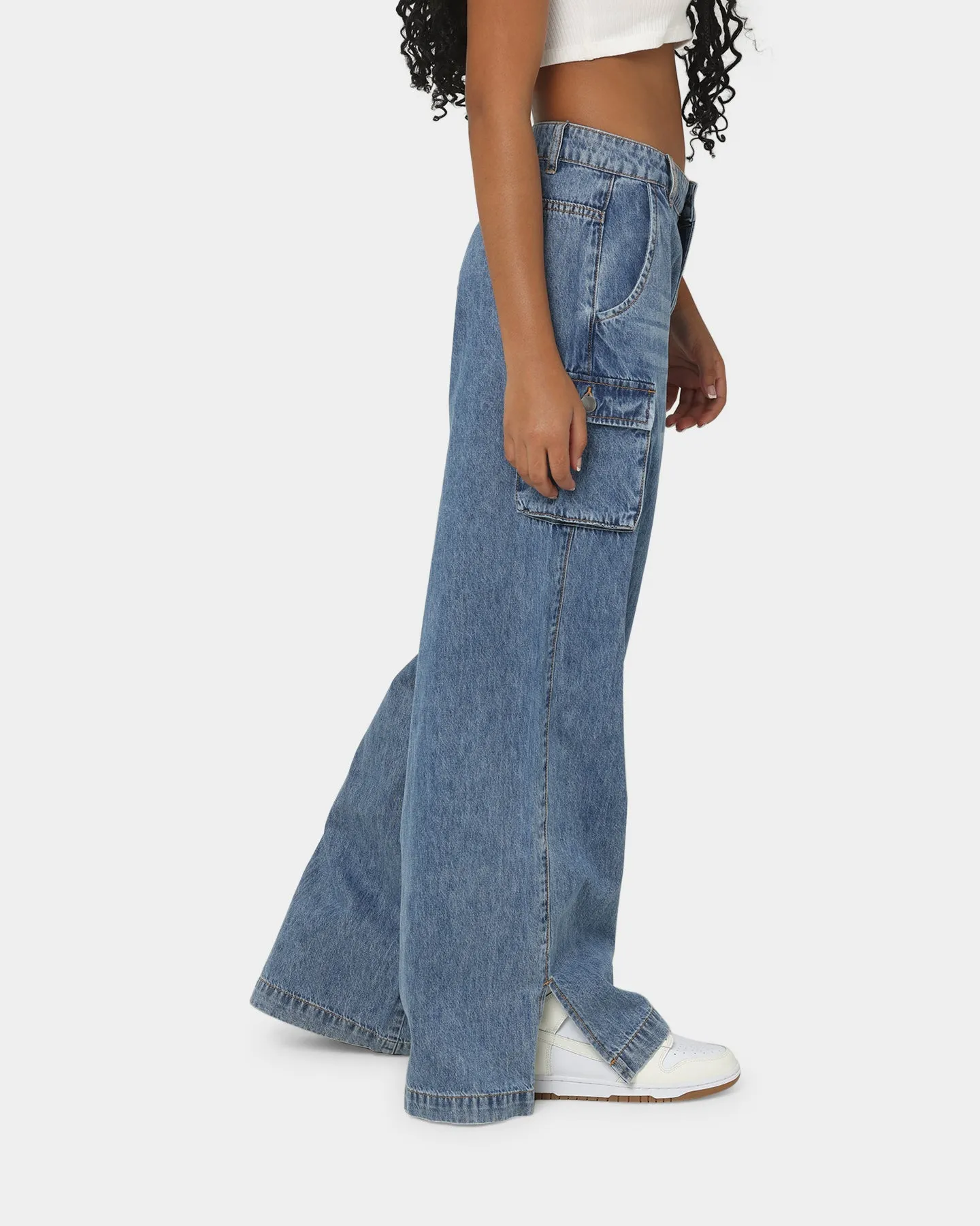 EN ES Women's Thrashed Wide Leg Jeans Mid Blue