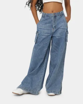 EN ES Women's Thrashed Wide Leg Jeans Mid Blue