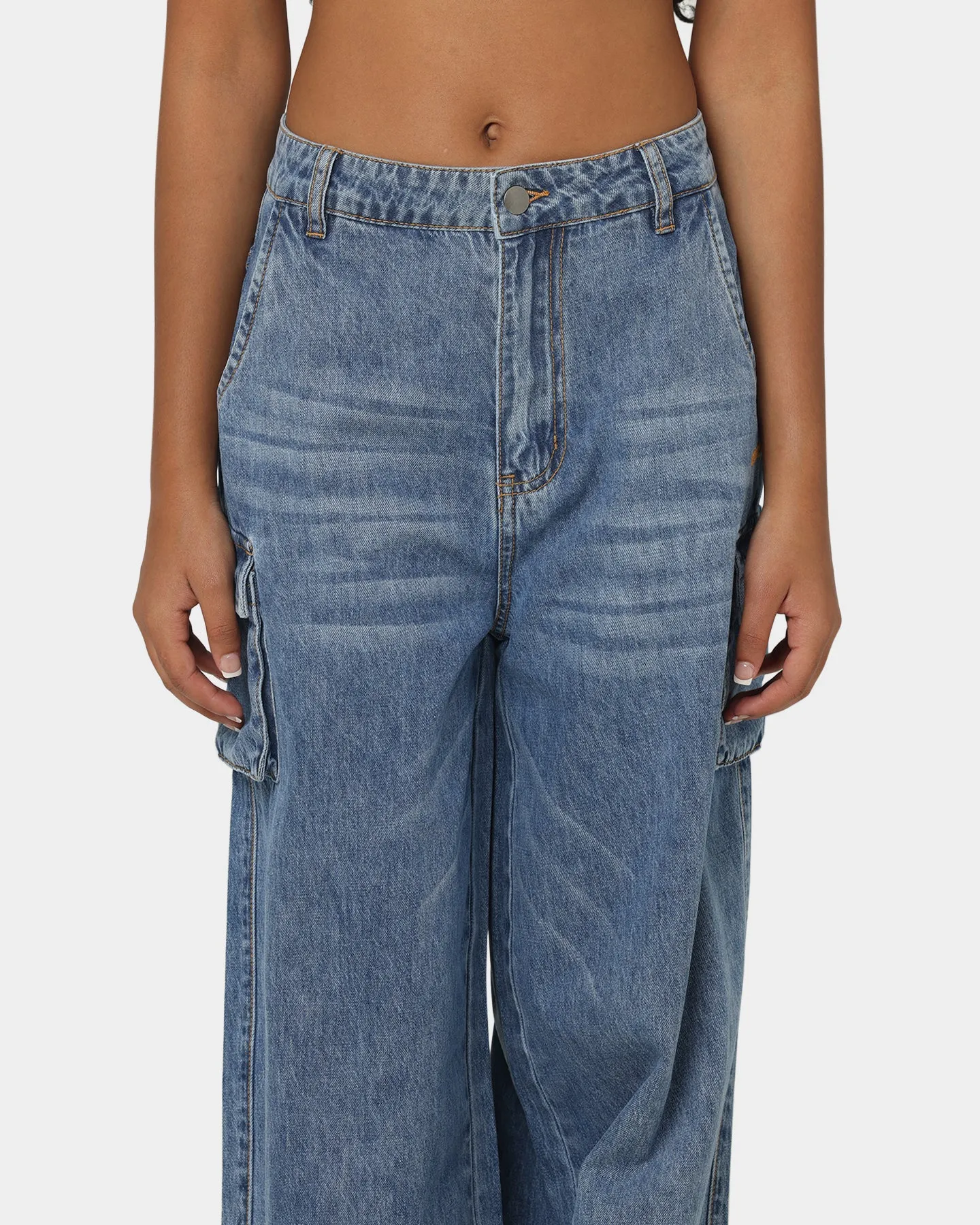 EN ES Women's Thrashed Wide Leg Jeans Mid Blue