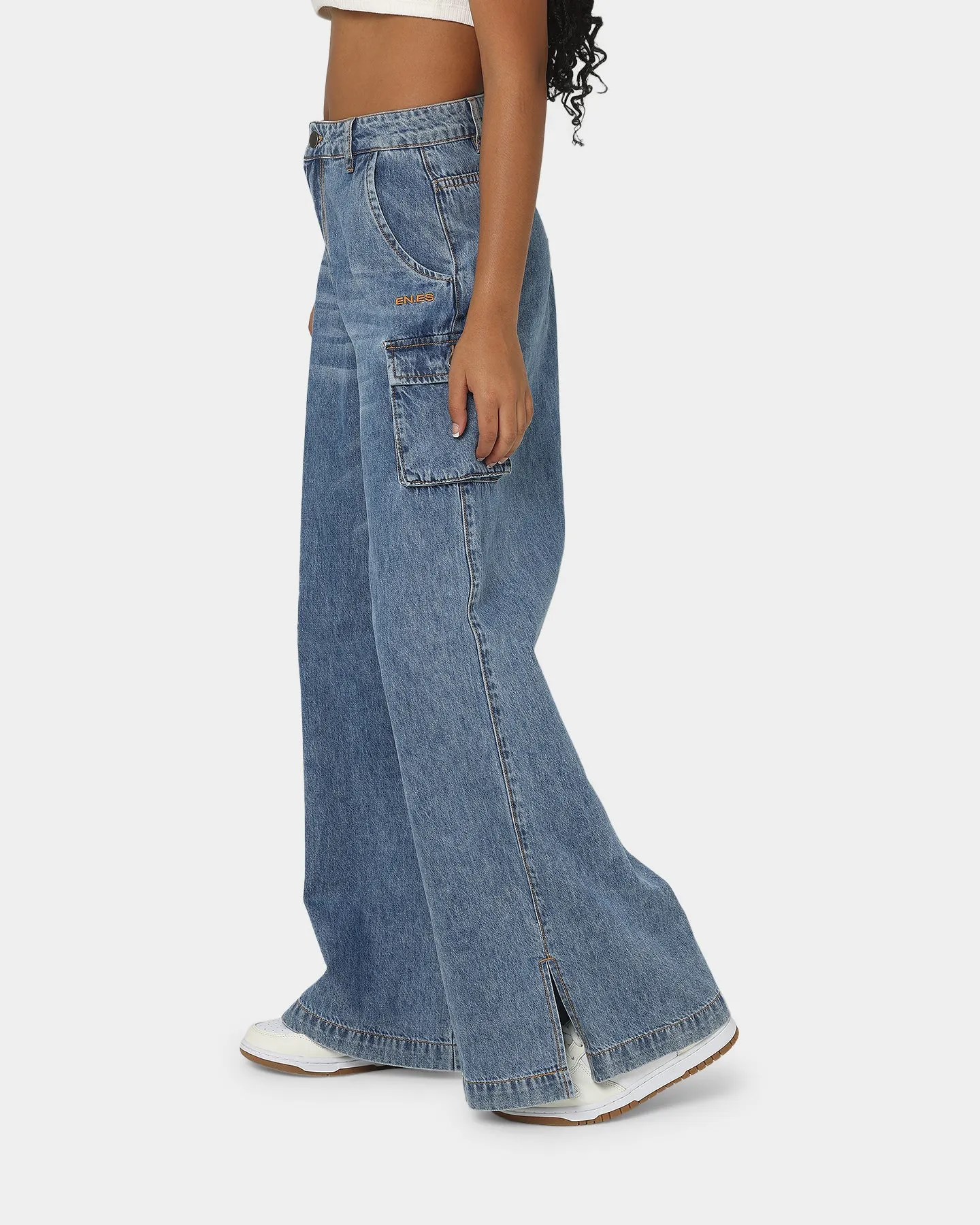 EN ES Women's Thrashed Wide Leg Jeans Mid Blue