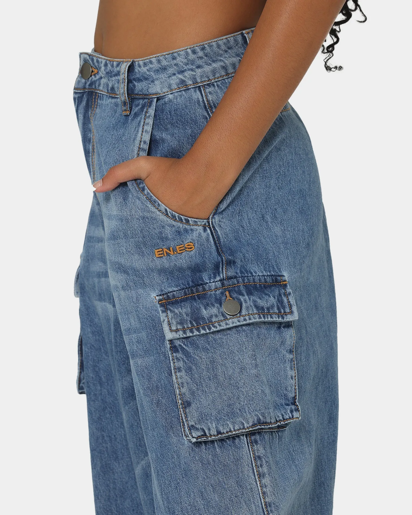 EN ES Women's Thrashed Wide Leg Jeans Mid Blue