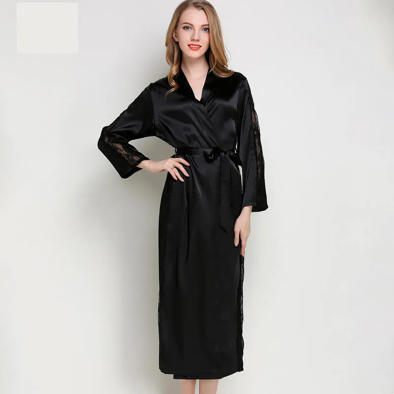 Fashion Ladies Pajamas Imitation Silk Nightgown Lace Sexy Long Nightgown Bathrobe